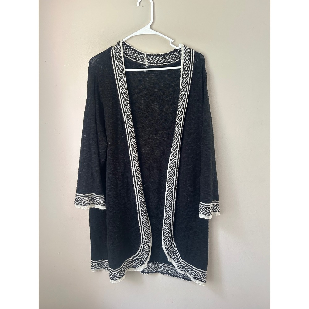 Torrid Black Cardigan Sweater Plus Size Open Front Knit Boho Aztec Boho Trim‎